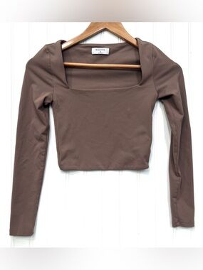 Aritzia Babaton Women's Square Neck Long Sleeve Crop Top - Brown Taupe XS